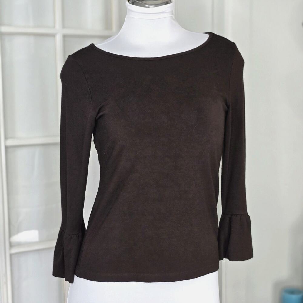 Lauren Ralph Lauren Chocolate Brown Ruffled Sleeve Rayon Blend Top Size M